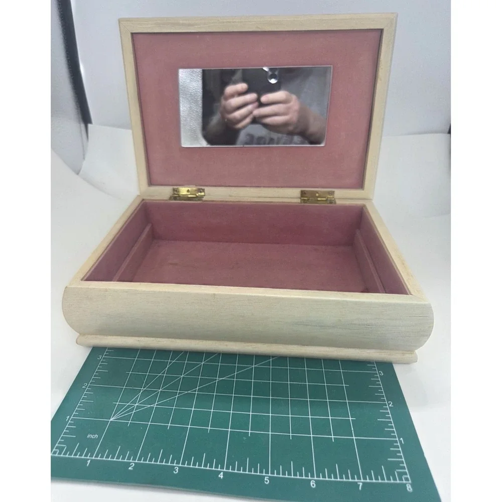 Vintage Wooden Jewelry Box Bargello Flame Stitch Tapestry w Mirror & Rose Lining